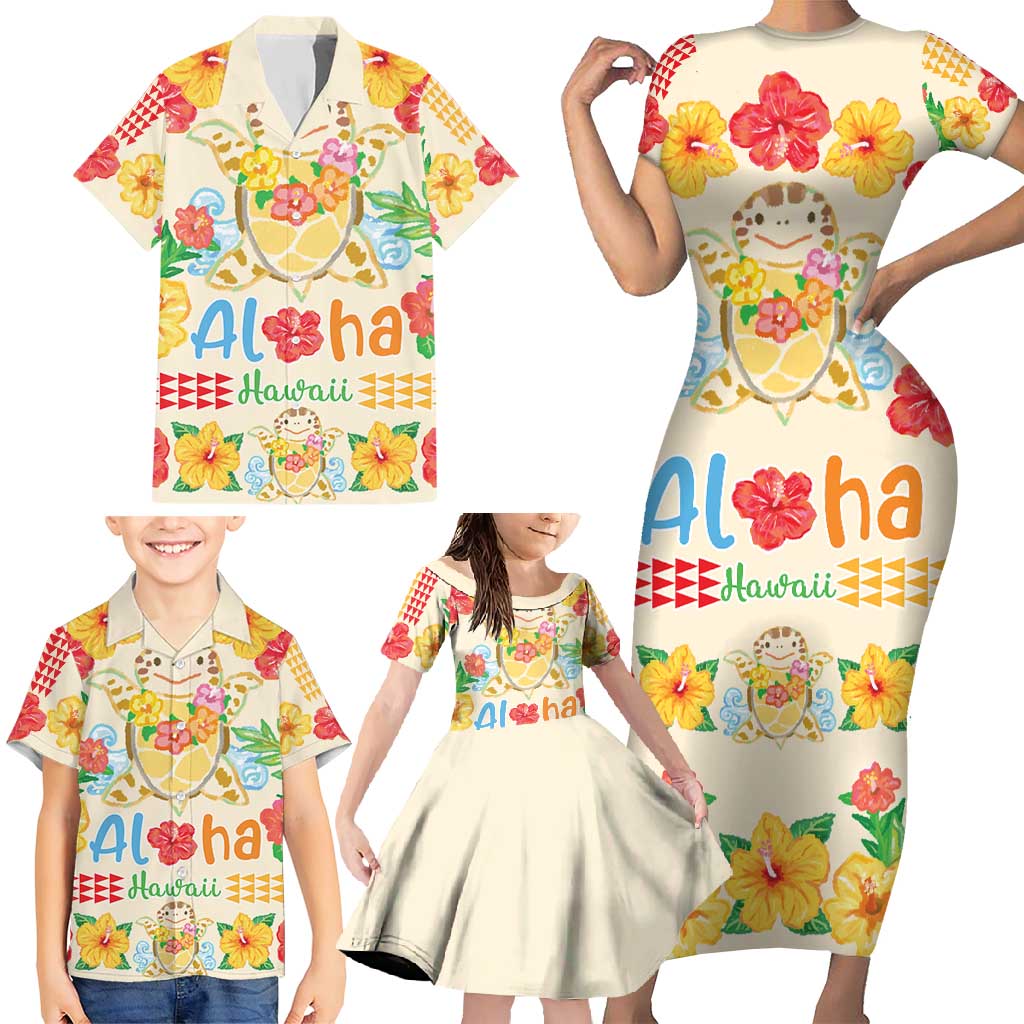 Kawaii Turtle Family Matching Short Sleeve Bodycon Dress and Hawaiian Shirt Aloha Hibiscus Flowers LT9 - Polynesian Pride