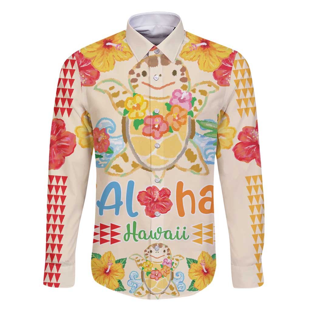 Kawaii Turtle Family Matching Summer Maxi Dress and Hawaiian Shirt Aloha Hibiscus Flowers LT9 Dad's Shirt - Long Sleeve Beige - Polynesian Pride