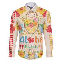 Kawaii Turtle Family Matching Tank Maxi Dress and Hawaiian Shirt Aloha Hibiscus Flowers LT9 Dad's Shirt - Long Sleeve Beige - Polynesian Pride