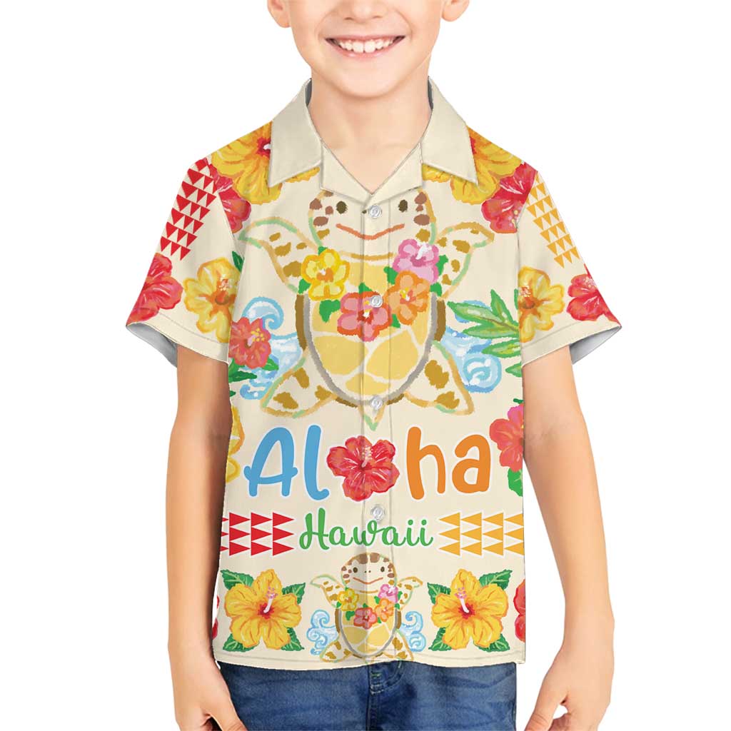 Kawaii Turtle Family Matching Tank Maxi Dress and Hawaiian Shirt Aloha Hibiscus Flowers LT9 Son's Shirt Beige - Polynesian Pride