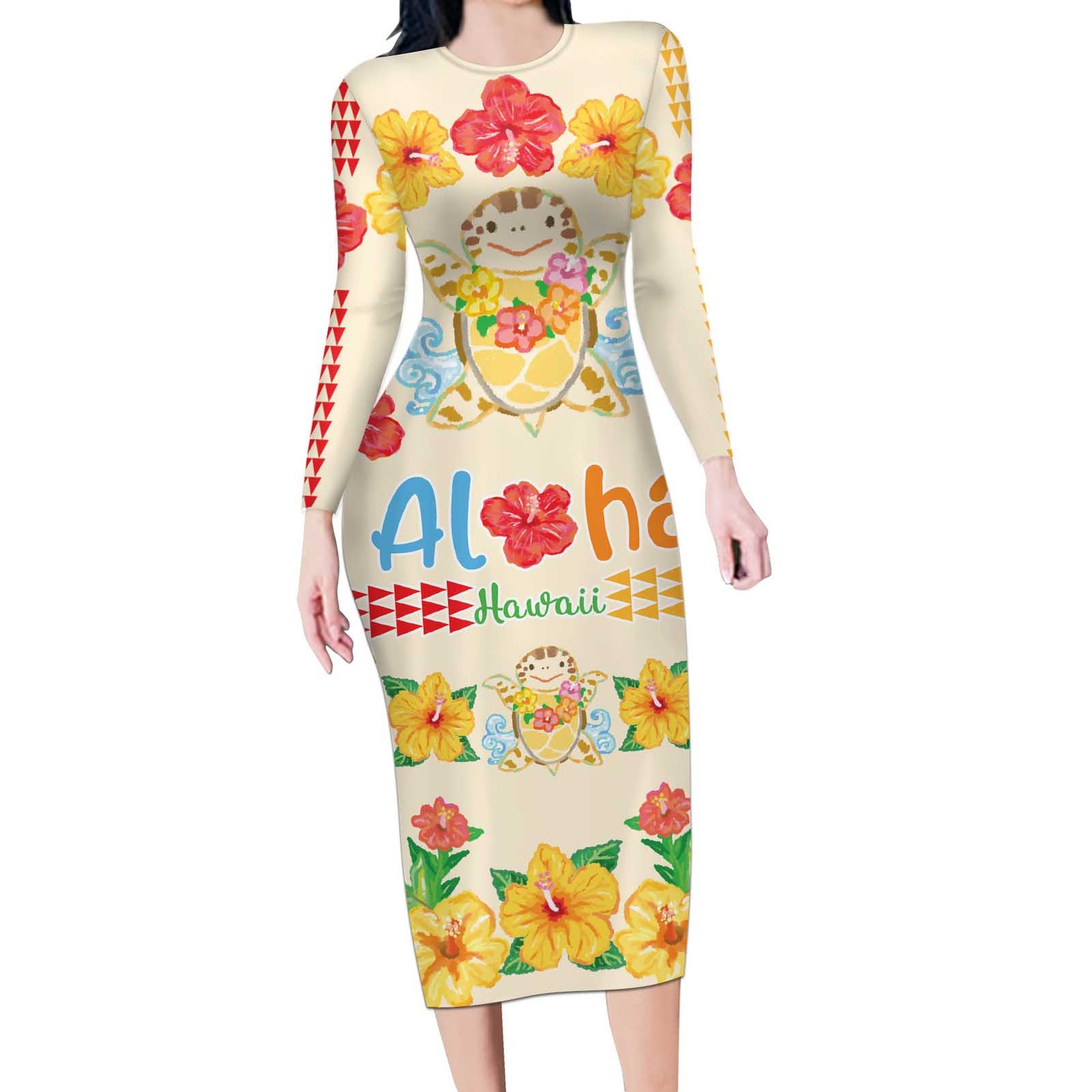 Kawaii Turtle Long Sleeve Bodycon Dress Aloha Hibiscus Flowers LT9 Long Dress Beige - Polynesian Pride