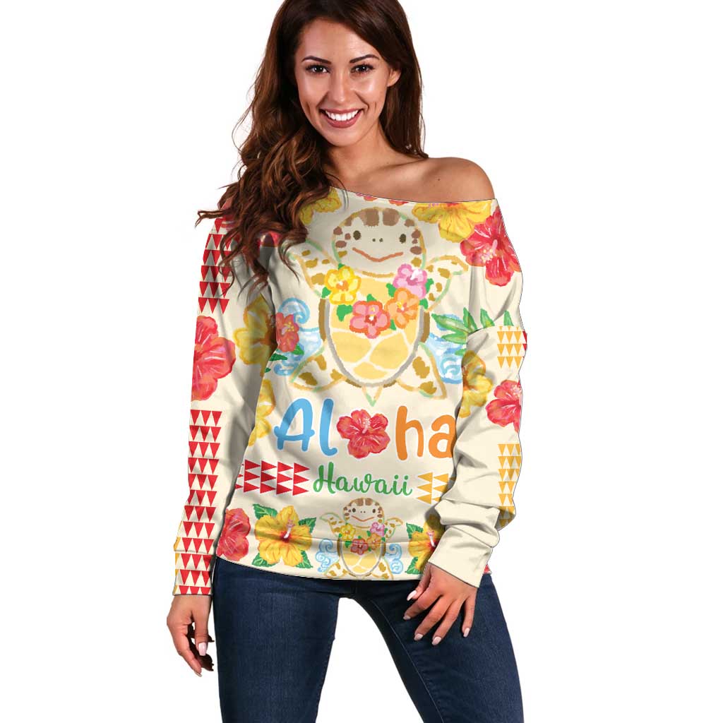 Kawaii Turtle Off Shoulder Sweater Aloha Hibiscus Flowers LT9 Women Beige - Polynesian Pride