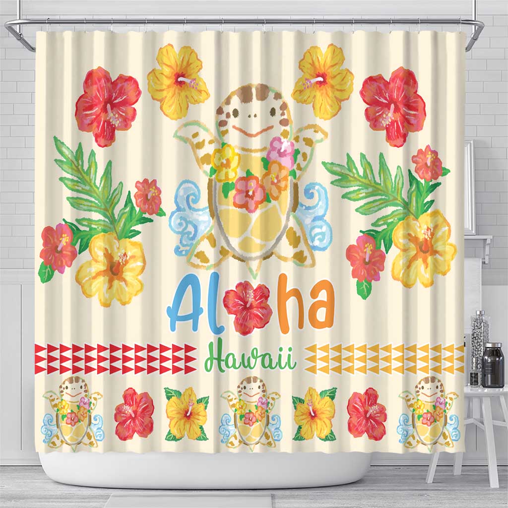 Kawaii Turtle Shower Curtain Aloha Hibiscus Flowers