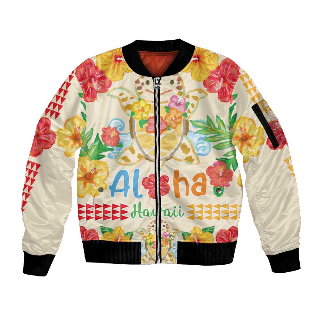 Kawaii Turtle Sleeve Zip Bomber Jacket Aloha Hibiscus Flowers LT9 Unisex Beige - Polynesian Pride