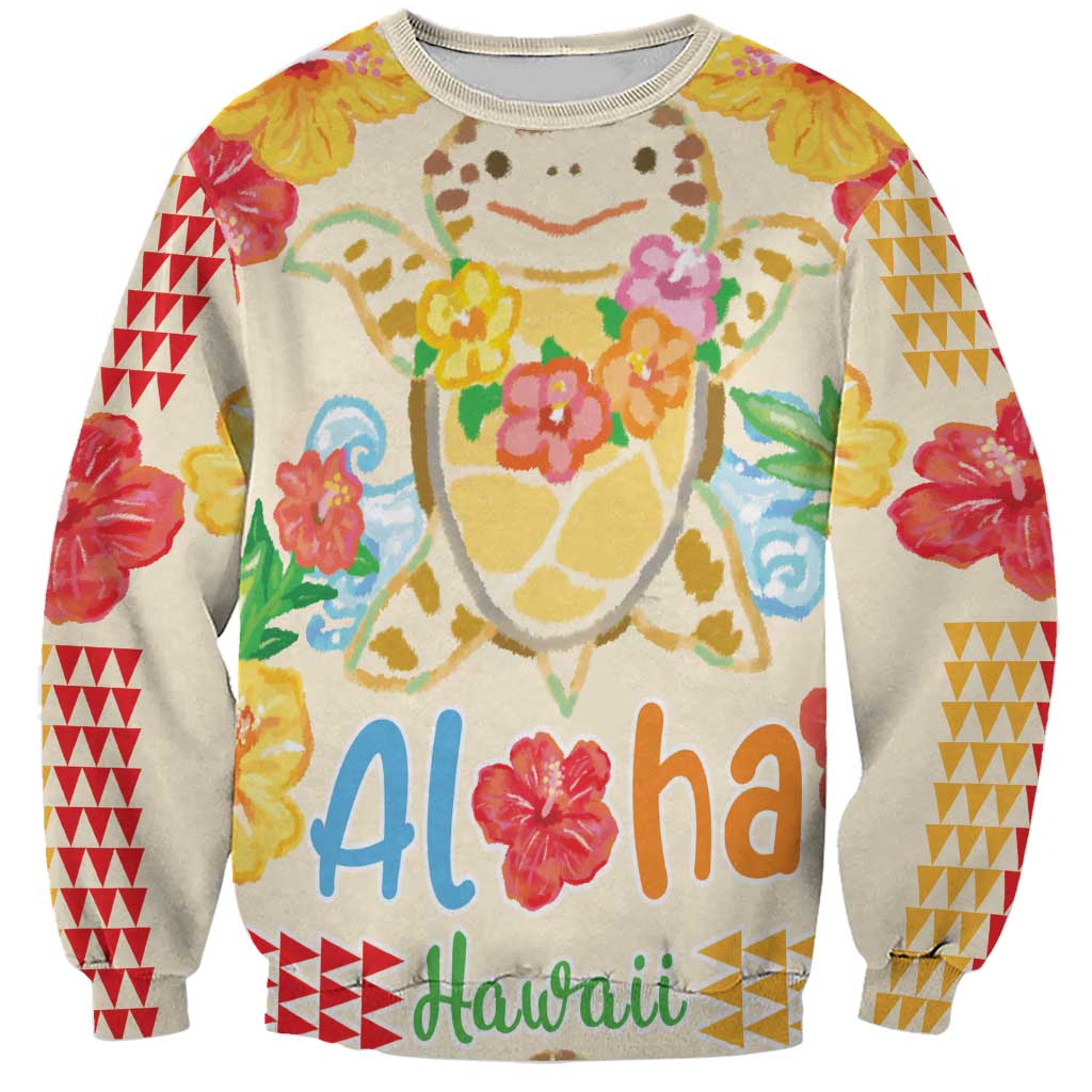 Kawaii Turtle Sweatshirt Aloha Hibiscus Flowers