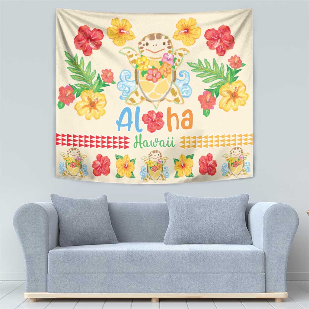 Kawaii Turtle Tapestry Aloha Hibiscus Flowers