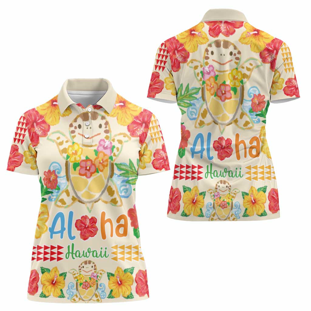 Kawaii Turtle Women Polo Shirt Aloha Hibiscus Flowers