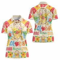 Kawaii Turtle Women Polo Shirt Aloha Hibiscus Flowers
