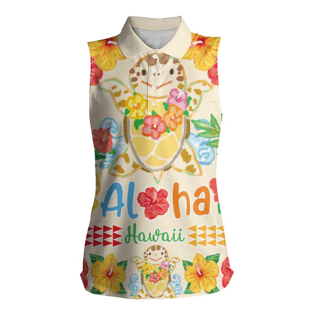 Kawaii Turtle Women Sleeveless Polo Shirt Aloha Hibiscus Flowers LT9 Female Beige - Polynesian Pride