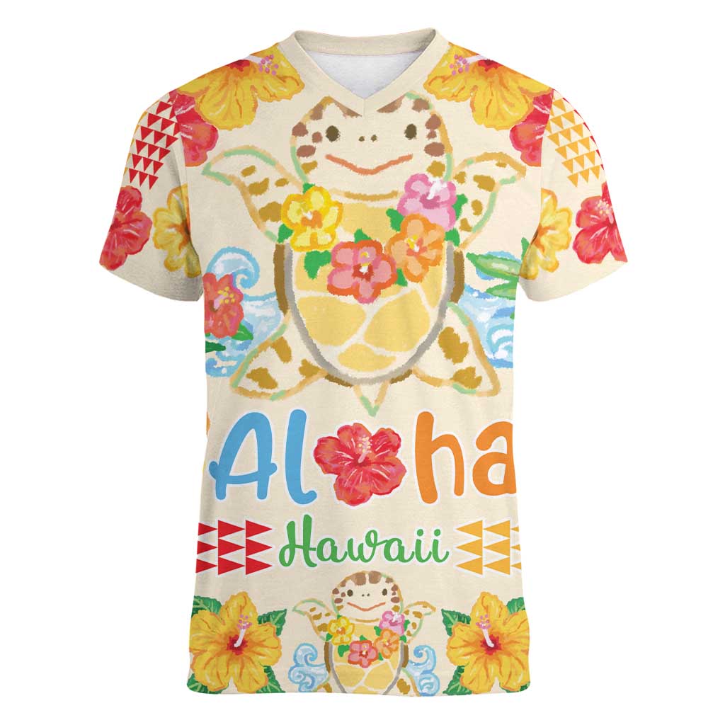 Kawaii Turtle Women V-Neck T-Shirt Aloha Hibiscus Flowers LT9 Female Beige - Polynesian Pride