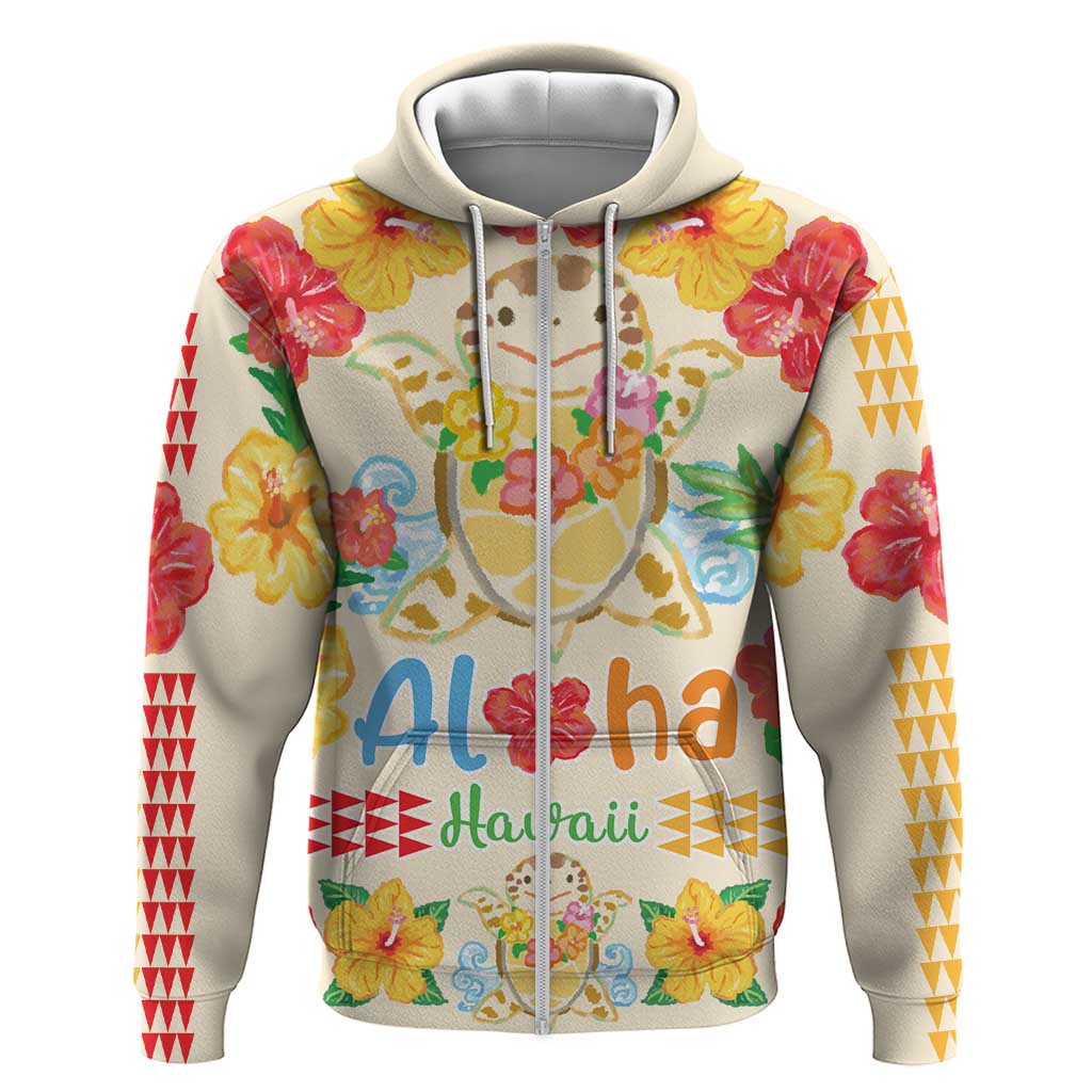 Kawaii Turtle Zip Hoodie Aloha Hibiscus Flowers LT9 Zip Hoodie Beige - Polynesian Pride