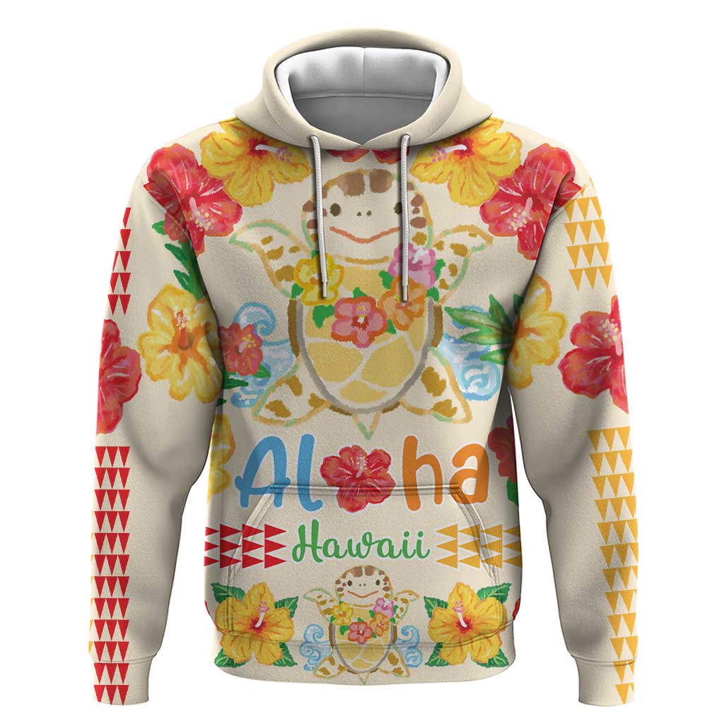 Kawaii Turtle Zip Hoodie Aloha Hibiscus Flowers LT9 Pullover Hoodie Beige - Polynesian Pride