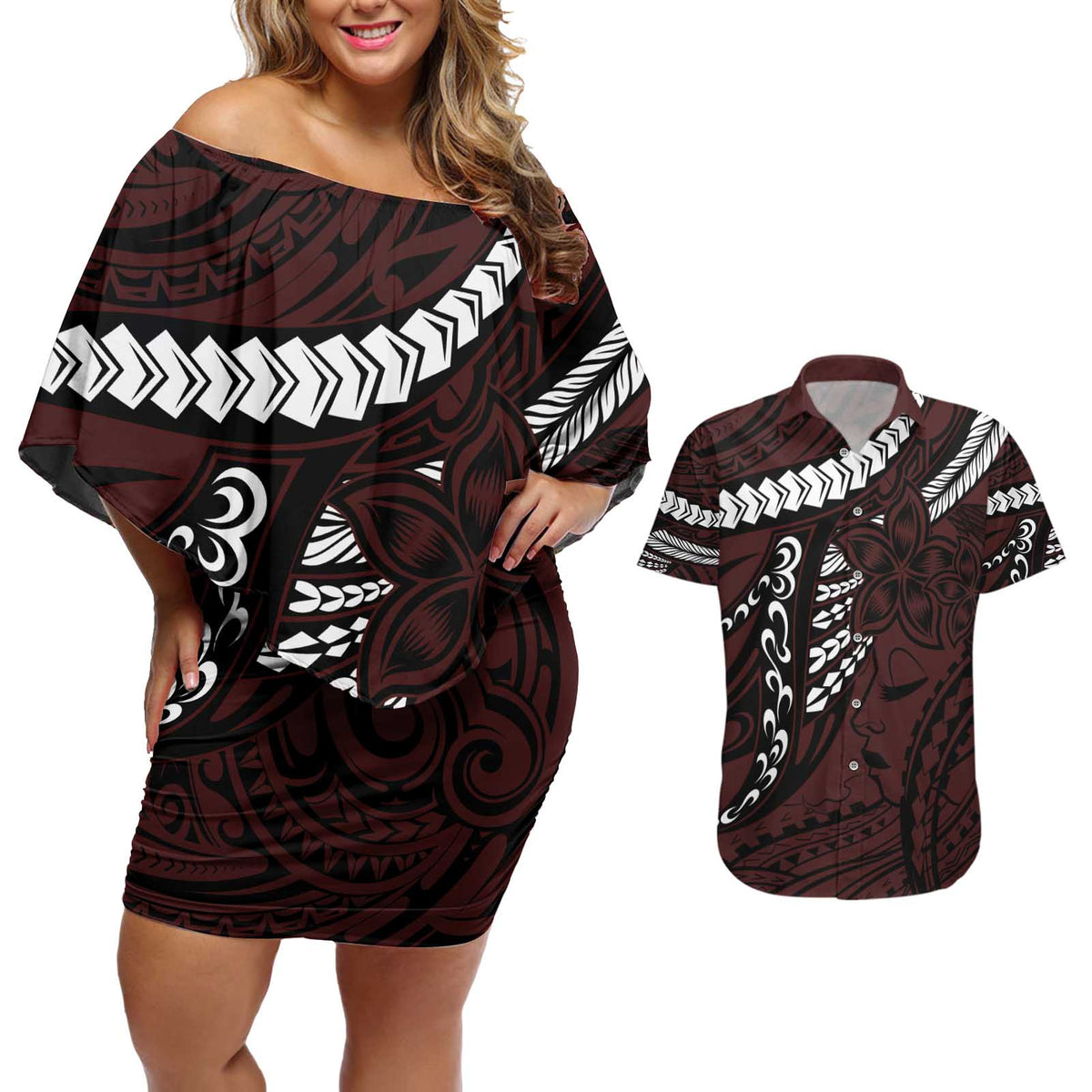 Polynesian Girl Tribal Tattoo Couples Matching Off Shoulder Short Dress and Hawaiian Shirt Oxbood Vibe