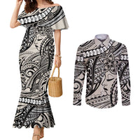 Polynesian Girl Tribal Tattoo Couples Matching Mermaid Dress and Long Sleeve Button Shirt Beige Vibe