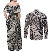 Polynesian Girl Tribal Tattoo Couples Matching Off Shoulder Maxi Dress and Long Sleeve Button Shirt Beige Vibe