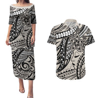 Polynesian Girl Tribal Tattoo Couples Matching Puletasi and Hawaiian Shirt Beige Vibe