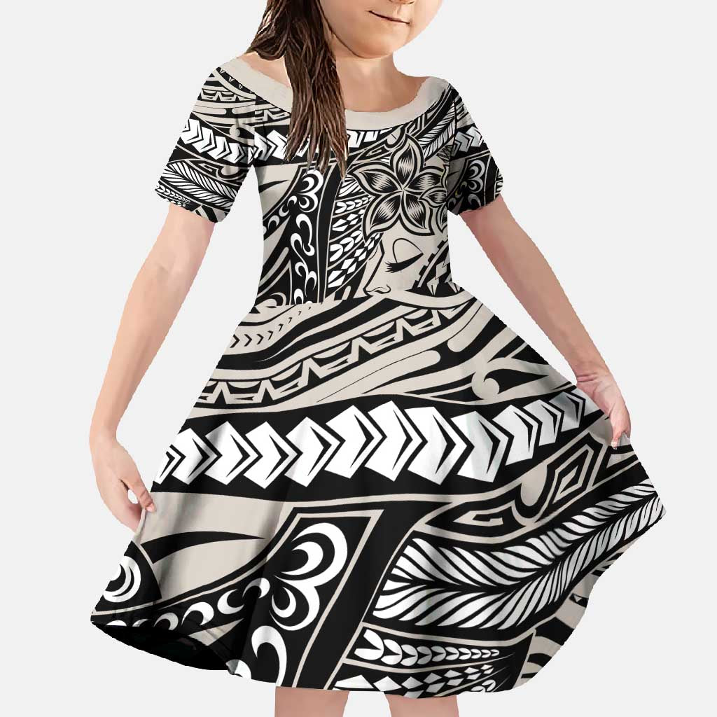 Polynesian Girl Tribal Tattoo Family Matching Mermaid Dress and Hawaiian Shirt Beige Vibe LT9 Daughter's Dress Beige - Polynesian Pride