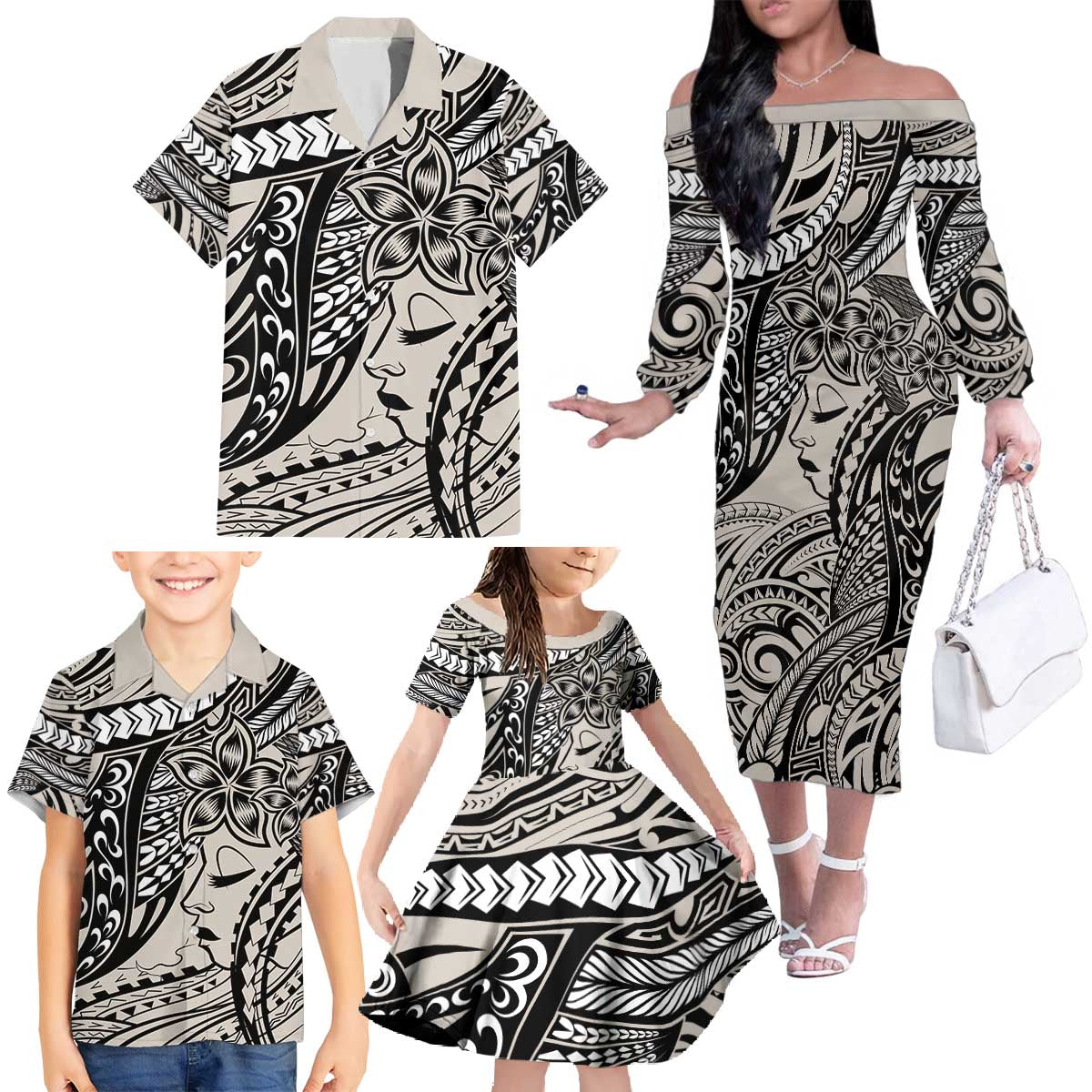 Polynesian Girl Tribal Tattoo Family Matching Off The Shoulder Long Sleeve Dress and Hawaiian Shirt Beige Vibe LT9 - Polynesian Pride