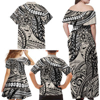 Polynesian Girl Tribal Tattoo Family Matching Off Shoulder Maxi Dress and Hawaiian Shirt Beige Vibe