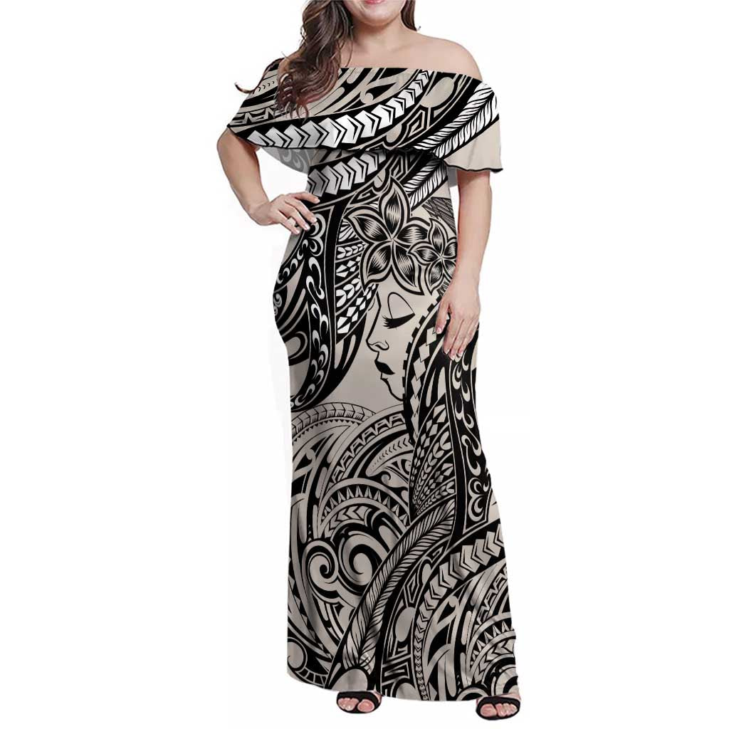 Polynesian Girl Tribal Tattoo Family Matching Off Shoulder Maxi Dress and Hawaiian Shirt Beige Vibe