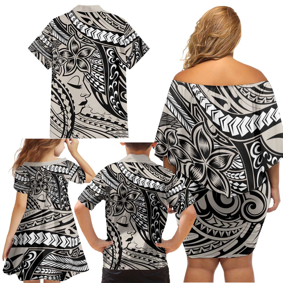 Polynesian Girl Tribal Tattoo Family Matching Off Shoulder Short Dress and Hawaiian Shirt Beige Vibe