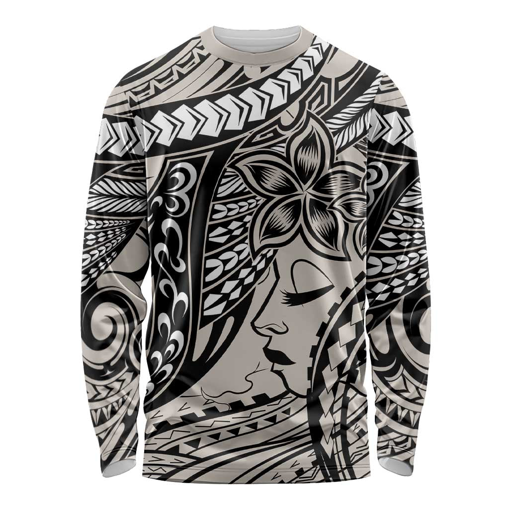 Polynesian Girl Tribal Tattoo Long Sleeve Shirt Beige Vibe LT9 Unisex Beige - Polynesian Pride