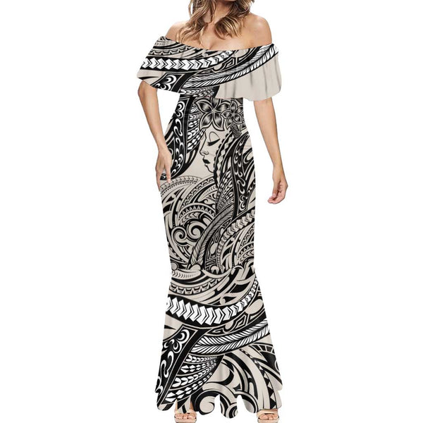 Afro Tribal Traditional Pattern Mermaid Dress Blue Motif LT9 main image 1