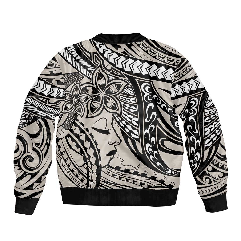 Polynesian Girl Tribal Tattoo Sleeve Zip Bomber Jacket Beige Vibe