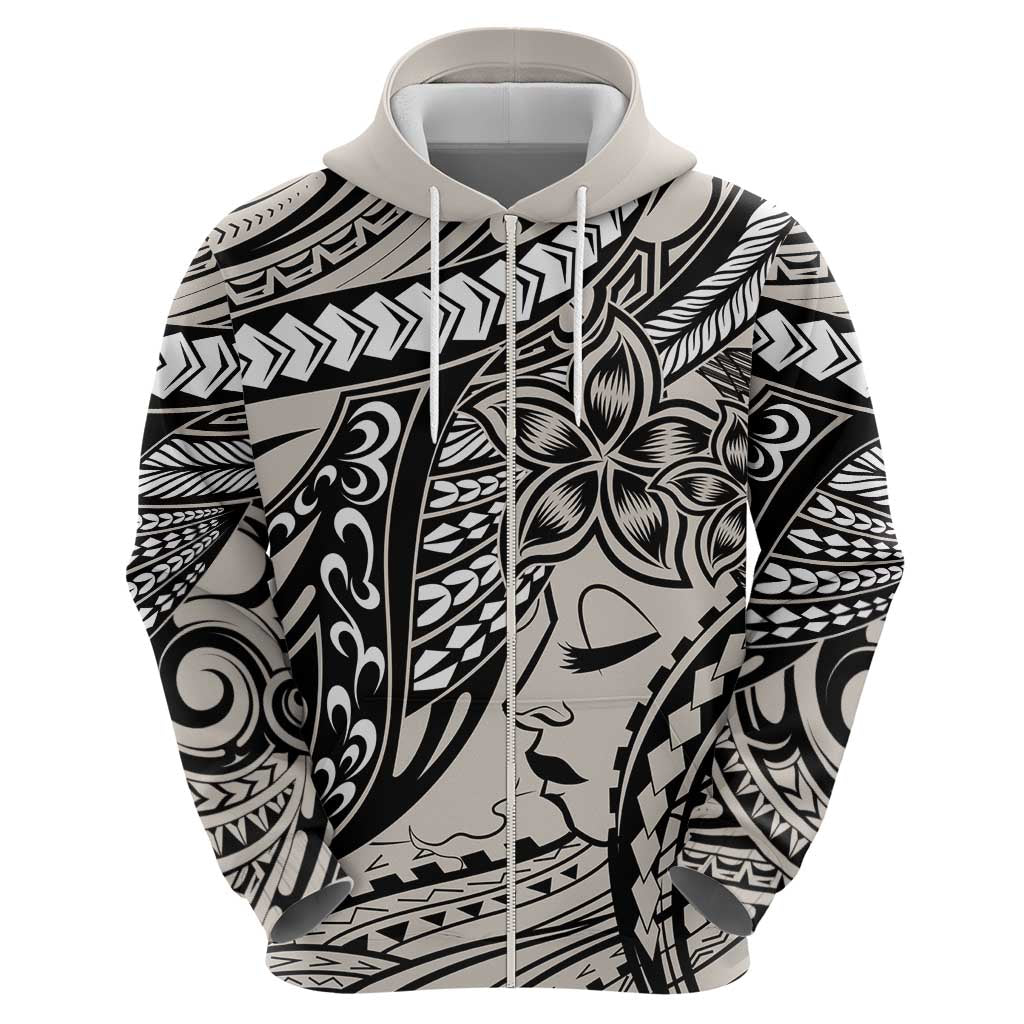 Polynesian Girl Tribal Tattoo Zip Hoodie Beige Vibe LT9 - Polynesian Pride
