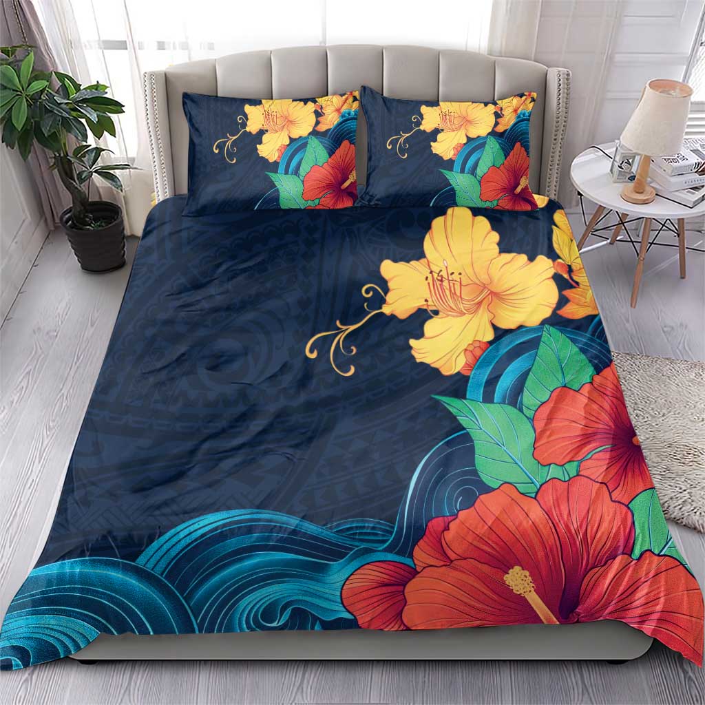 Polynesian Hibiscus Flower Waves Pattern Bedding Set