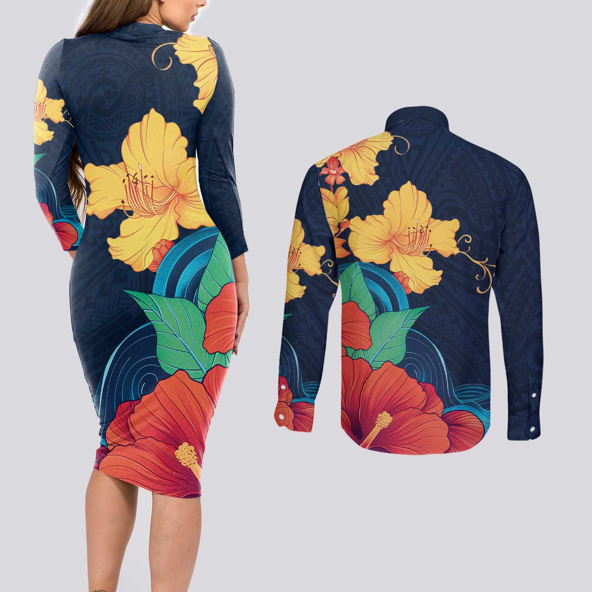Polynesian Hibiscus Flower Waves Pattern Couples Matching Long Sleeve Bodycon Dress and Long Sleeve Button Shirt