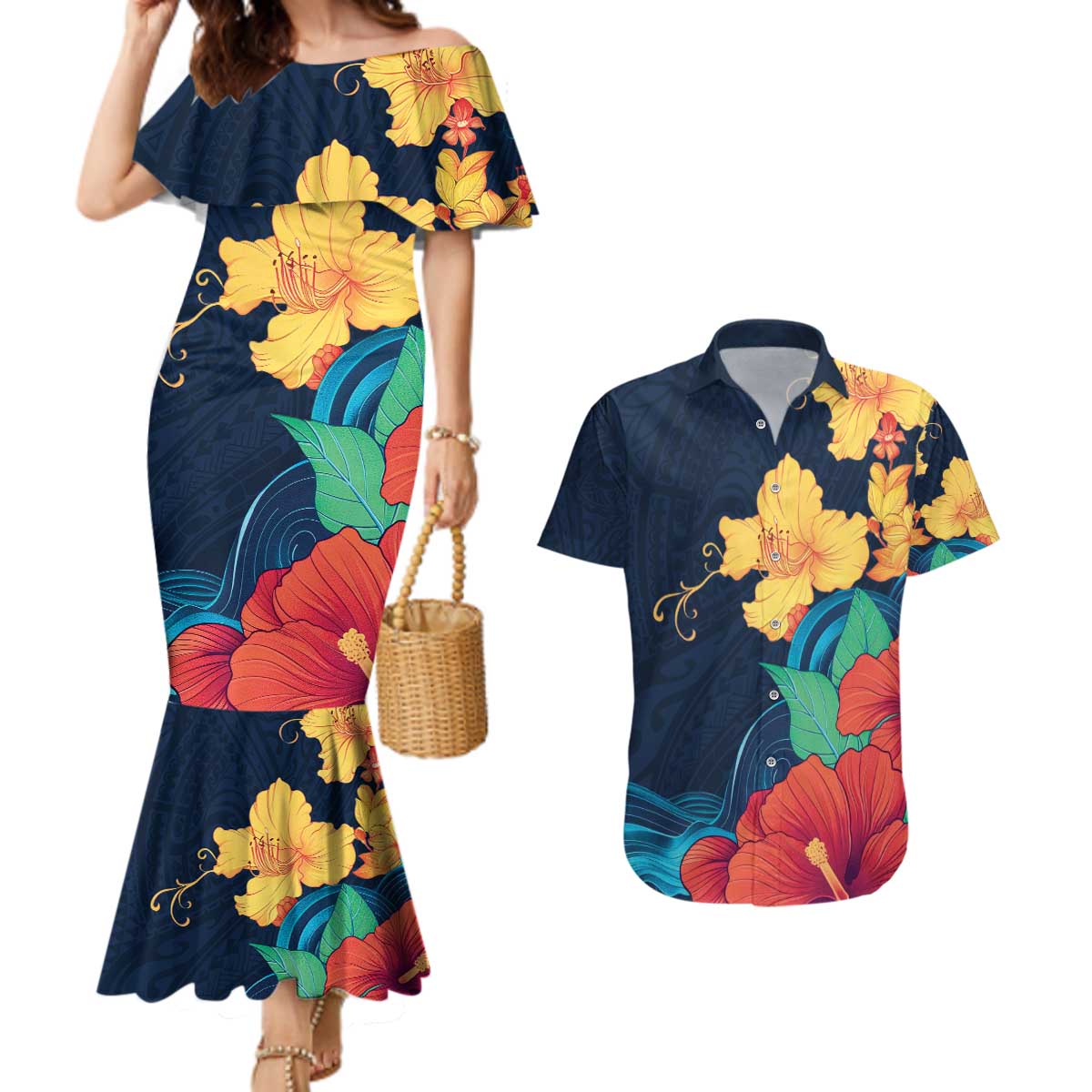 Polynesian Hibiscus Flower Waves Pattern Couples Matching Mermaid Dress and Hawaiian Shirt LT9 Dark Blue - Polynesian Pride