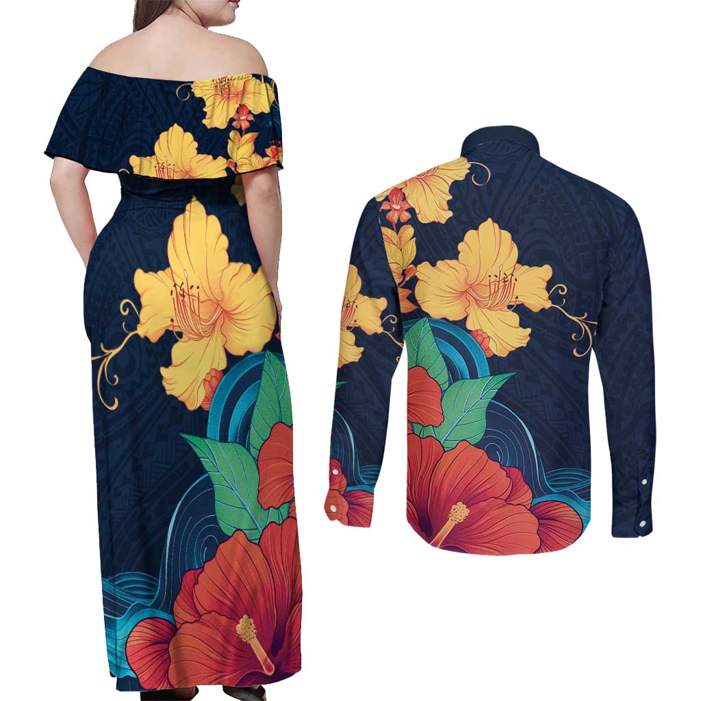 Polynesian Hibiscus Flower Waves Pattern Couples Matching Off Shoulder Maxi Dress and Long Sleeve Button Shirt