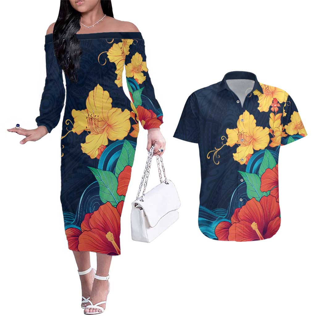 Polynesian Hibiscus Flower Waves Pattern Couples Matching Off The Shoulder Long Sleeve Dress and Hawaiian Shirt LT9 Dark Blue - Polynesian Pride