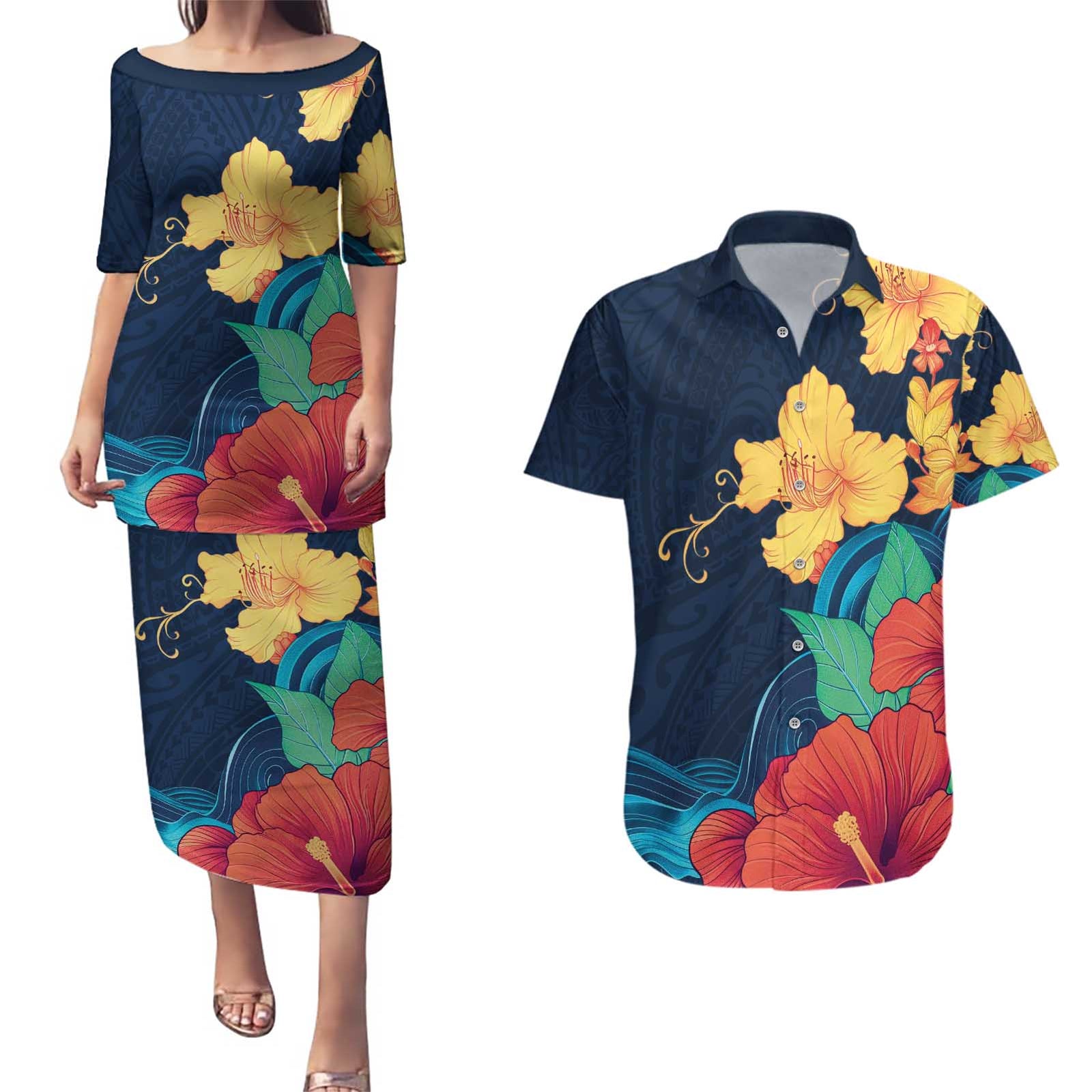Polynesian Hibiscus Flower Waves Pattern Couples Matching Puletasi and Hawaiian Shirt LT9 Dark Blue - Polynesian Pride
