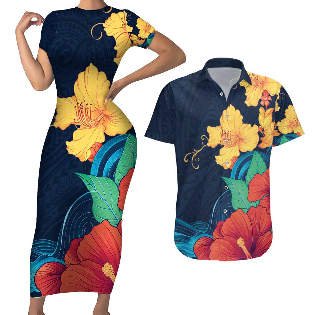 Polynesian Hibiscus Flower Waves Pattern Couples Matching Short Sleeve Bodycon Dress and Hawaiian Shirt LT9 Dark Blue - Polynesian Pride
