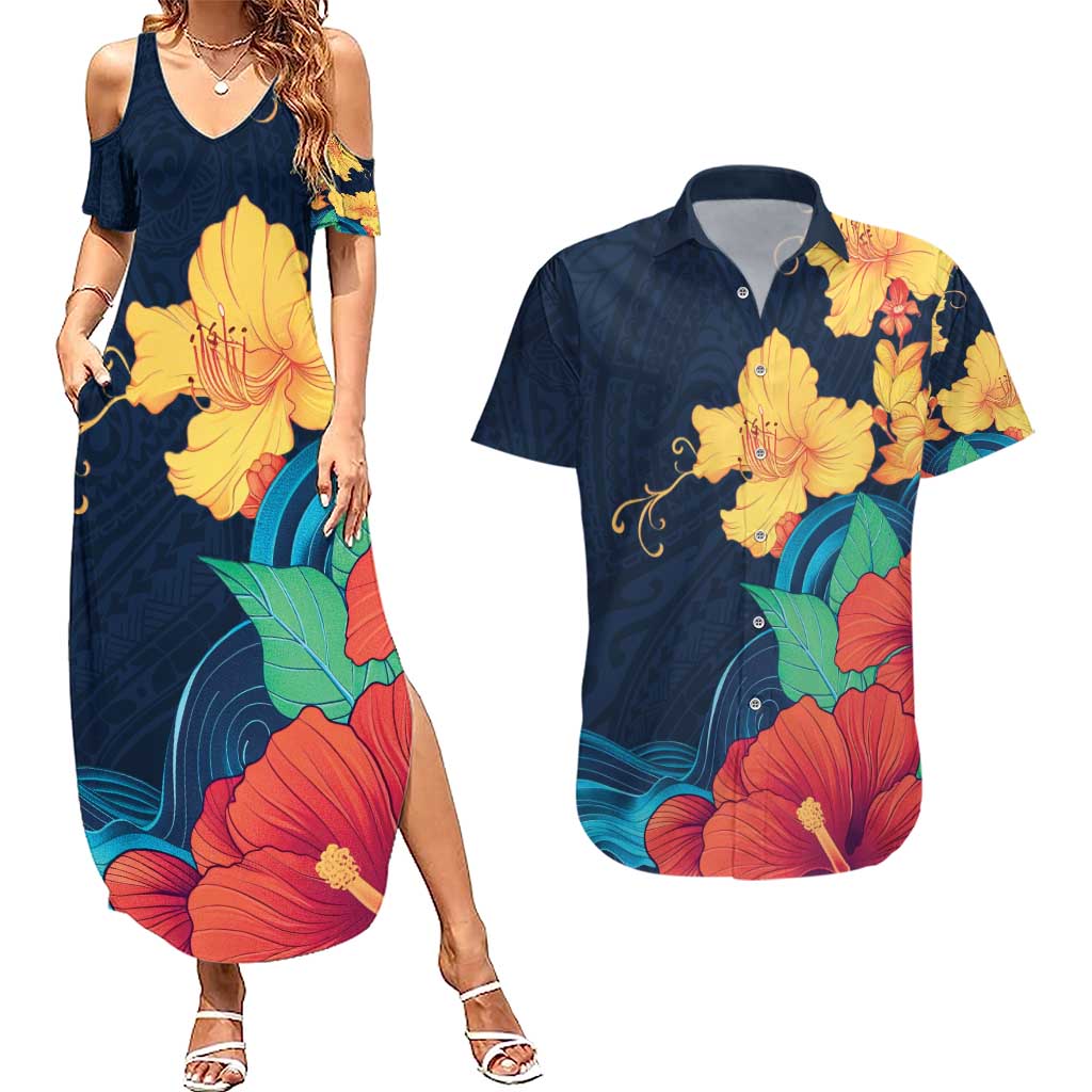 Polynesian Hibiscus Flower Waves Pattern Couples Matching Summer Maxi Dress and Hawaiian Shirt LT9 Dark Blue - Polynesian Pride