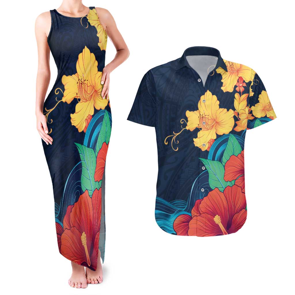Polynesian Hibiscus Flower Waves Pattern Couples Matching Tank Maxi Dress and Hawaiian Shirt LT9 Dark Blue - Polynesian Pride