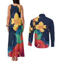 Polynesian Hibiscus Flower Waves Pattern Couples Matching Tank Maxi Dress and Long Sleeve Button Shirt
