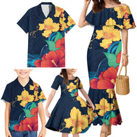Polynesian Hibiscus Flower Waves Pattern Family Matching Mermaid Dress and Hawaiian Shirt