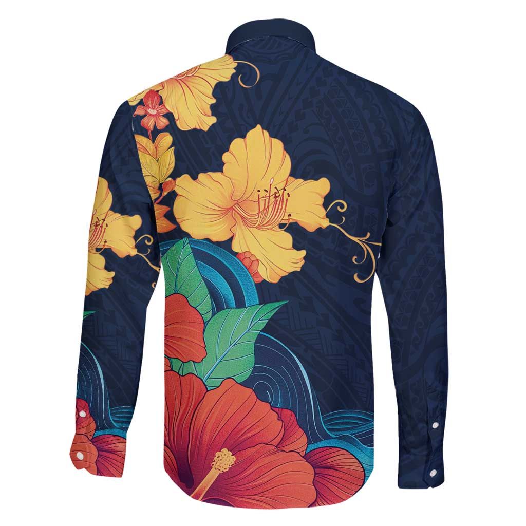 Polynesian Hibiscus Flower Waves Pattern Family Matching Mermaid Dress and Hawaiian Shirt