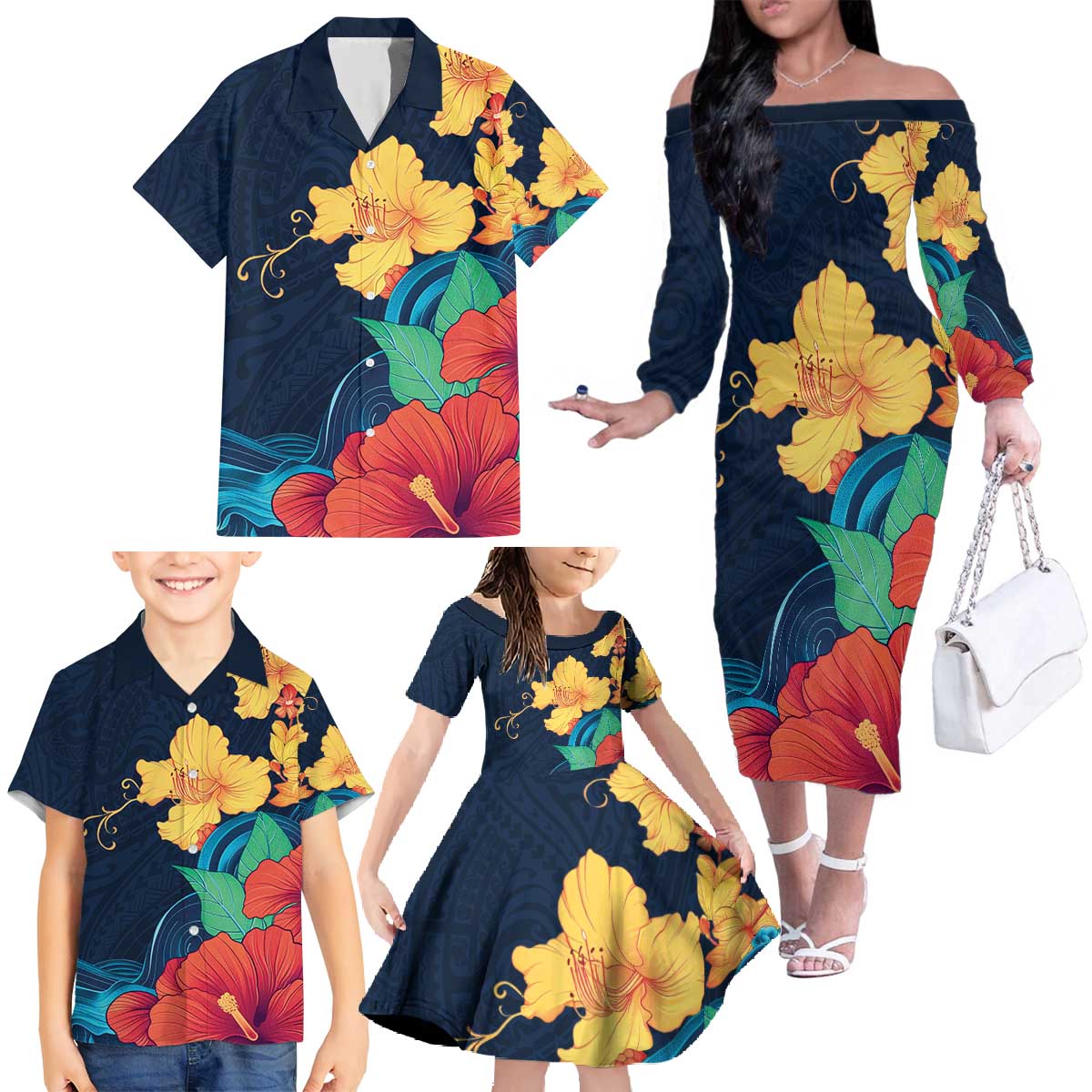 Polynesian Hibiscus Flower Waves Pattern Family Matching Off The Shoulder Long Sleeve Dress and Hawaiian Shirt LT9 - Polynesian Pride