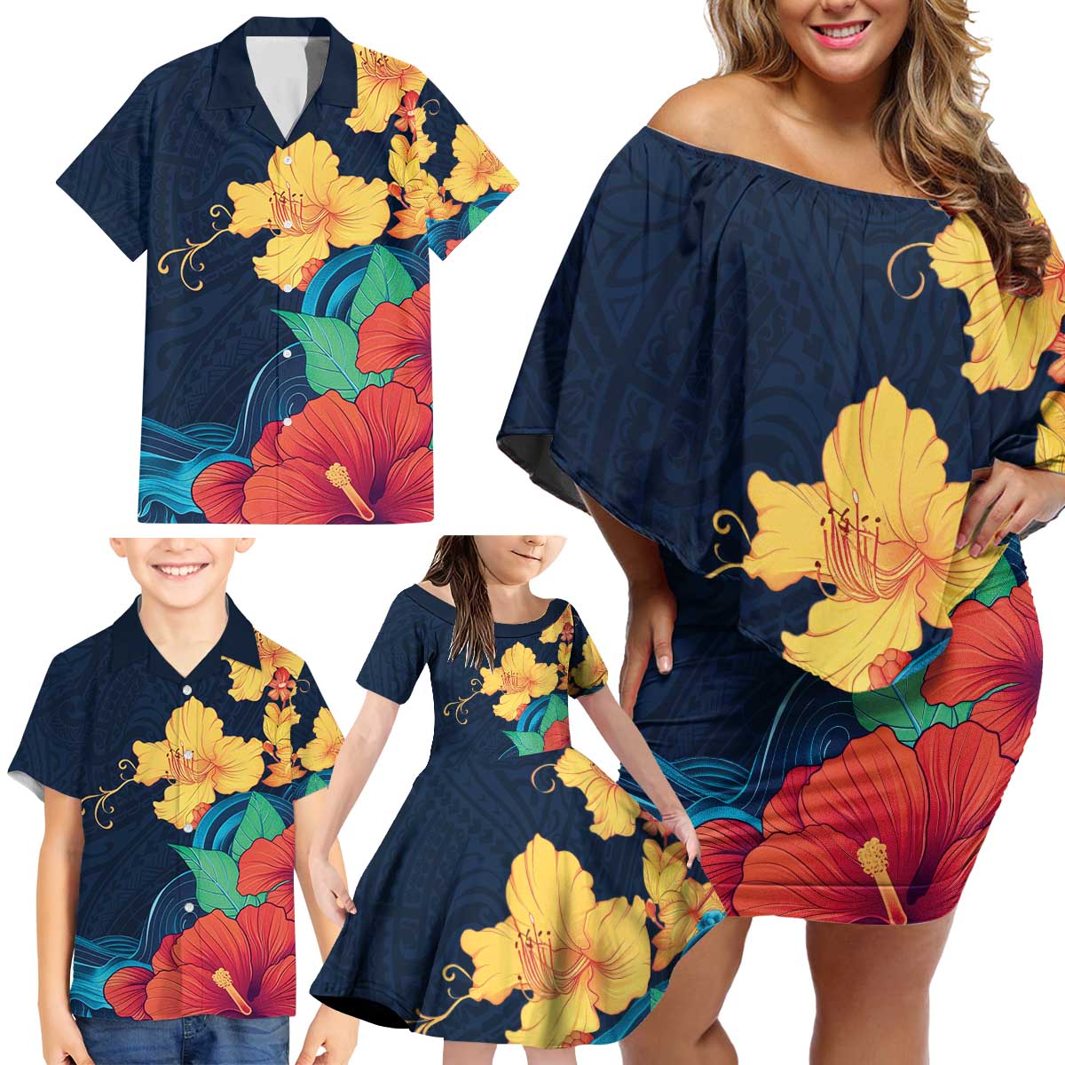Polynesian Hibiscus Flower Waves Pattern Family Matching Off Shoulder Short Dress and Hawaiian Shirt LT9 - Polynesian Pride