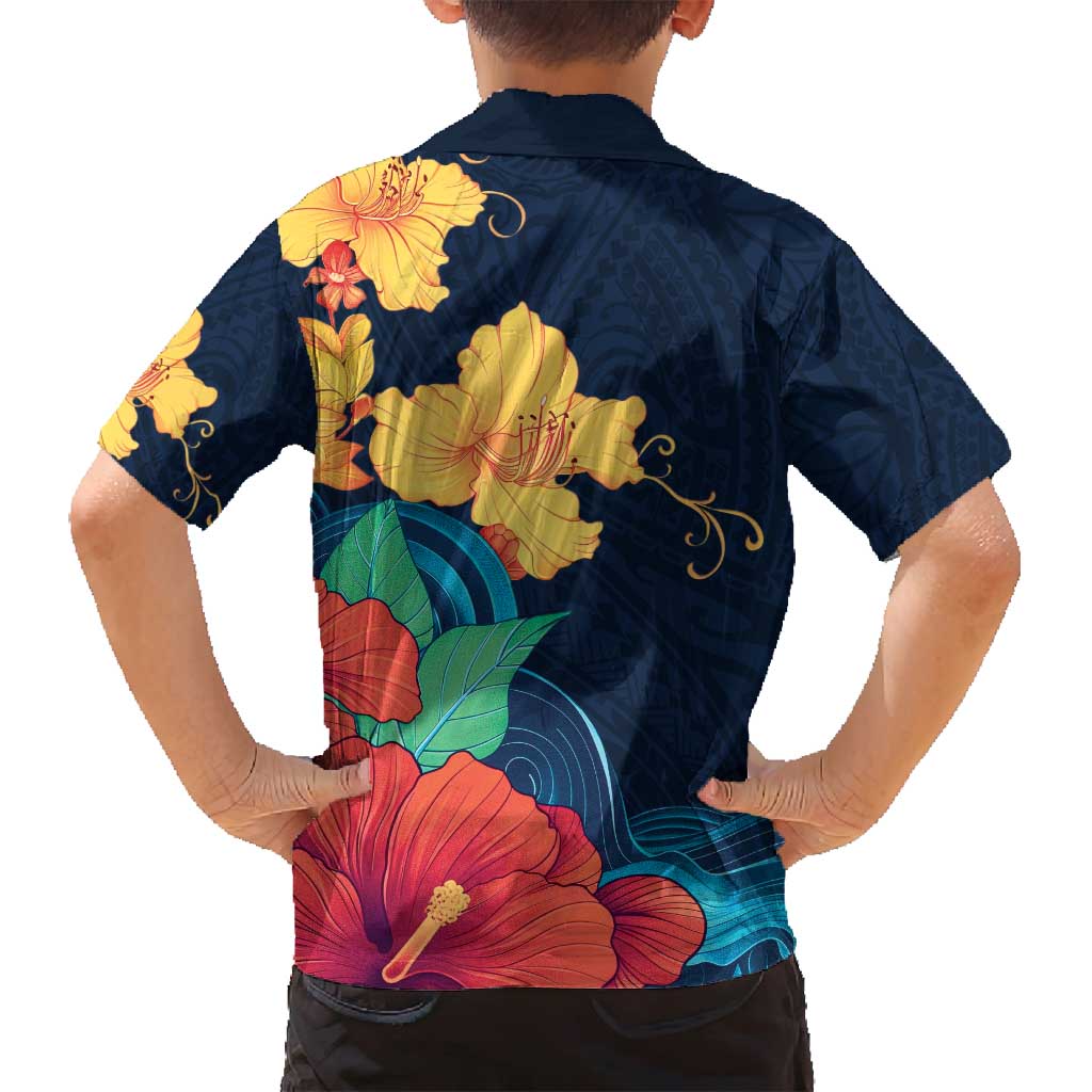 Polynesian Hibiscus Flower Waves Pattern Family Matching Summer Maxi Dress and Hawaiian Shirt LT9 - Polynesian Pride