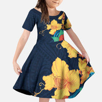Polynesian Hibiscus Flower Waves Pattern Family Matching Summer Maxi Dress and Hawaiian Shirt LT9 Daughter's Dress Dark Blue - Polynesian Pride