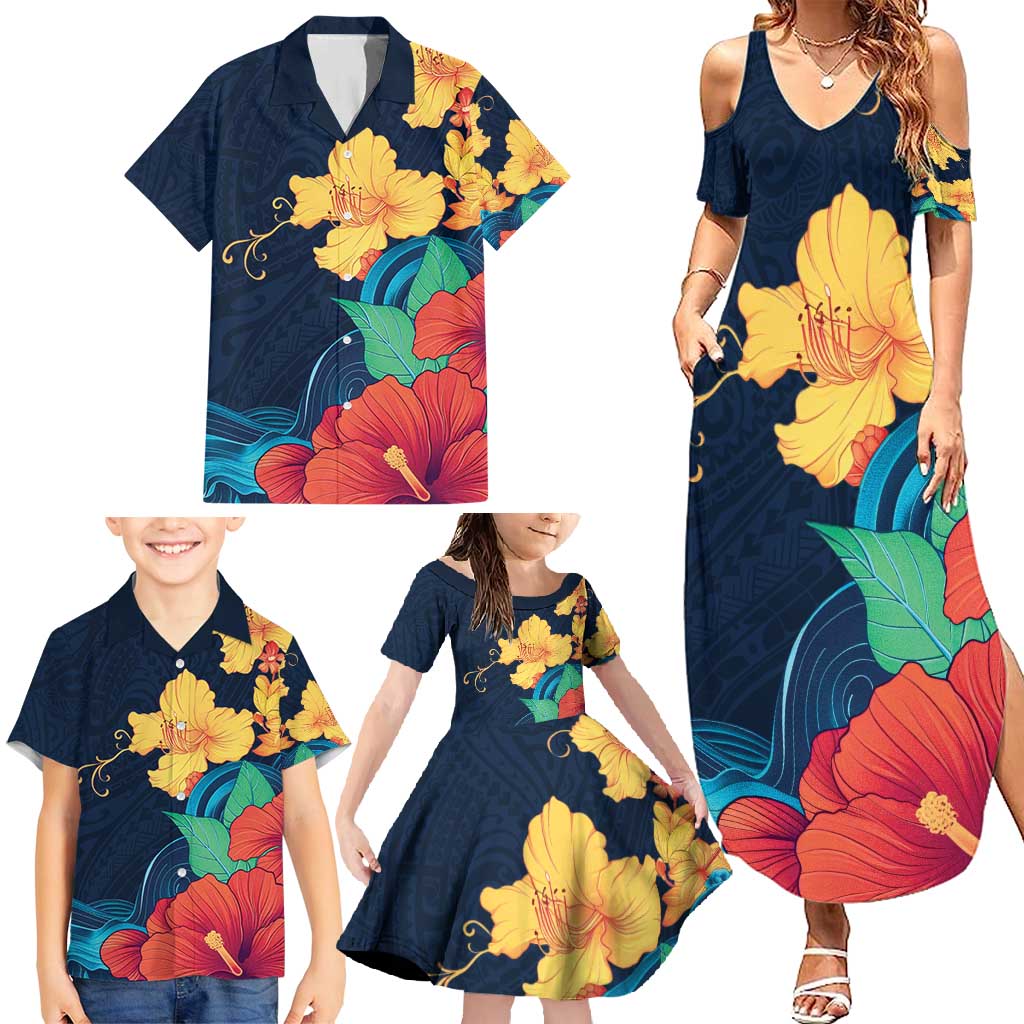 Polynesian Hibiscus Flower Waves Pattern Family Matching Summer Maxi Dress and Hawaiian Shirt LT9 - Polynesian Pride