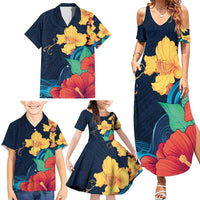 Polynesian Hibiscus Flower Waves Pattern Family Matching Summer Maxi Dress and Hawaiian Shirt LT9 - Polynesian Pride