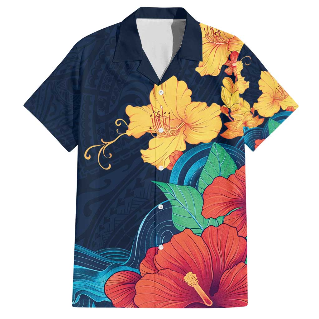Polynesian Hibiscus Flower Waves Pattern Family Matching Summer Maxi Dress and Hawaiian Shirt LT9 Dad's Shirt - Short Sleeve Dark Blue - Polynesian Pride