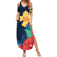 Polynesian Hibiscus Flower Waves Pattern Family Matching Summer Maxi Dress and Hawaiian Shirt LT9 Mom's Dress Dark Blue - Polynesian Pride