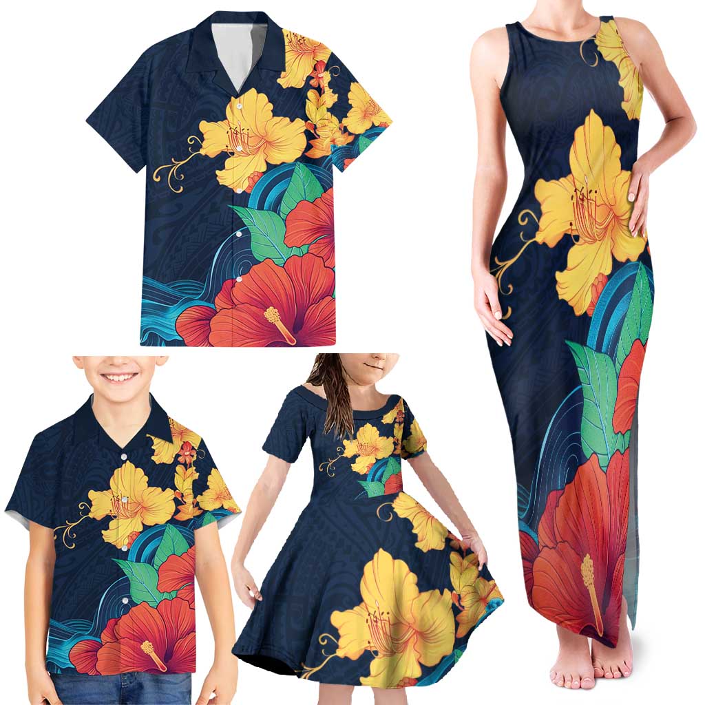 Polynesian Hibiscus Flower Waves Pattern Family Matching Tank Maxi Dress and Hawaiian Shirt LT9 - Polynesian Pride